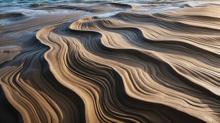 Poster - Textured patterns of ocean mud creating wavy designs at low tide reflecting natural beauty and serenity on the beach shore.