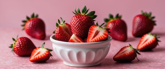 Aufkleber - Fresh Sliced Strawberries in White Ceramic Bowl Surrounded by Whole Berries on Soft Pink Background