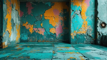 Poster - Colorful Weathered Concrete Interior Texture with Cracks and Peeling Paint in a Distressed Urban Setting
