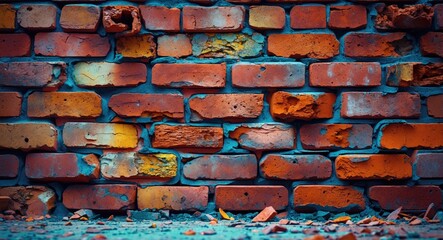 Poster - Weathered vintage brick wall with colorful textures and cracks in detailed close-up view suitable for backgrounds and design projects.
