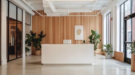 Poster - Modern office reception desk, plants, light wood paneling, city view