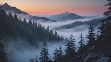 Poster - Misty Sunset Over Evergreen Conifer Forest In Mountains With Scenic Lake Base Camp View At Altitude Of 2730 Meters
