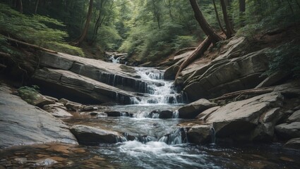 Poster - Serene Forest Stream Cascading Over Rocks Tranquil Nature Scene With Space For Text Overlay