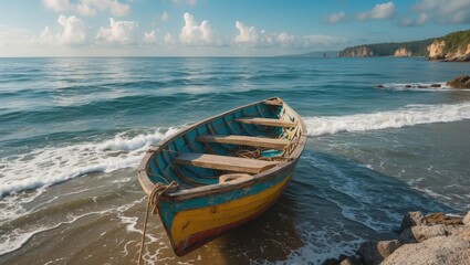 Wall Mural - Colorful wooden boat on sandy shore with gentle ocean waves and scenic coastline under a blue sky with soft clouds in the background