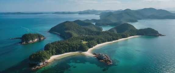 Poster - Aerial View of Stunning Secret Bay Surrounded by Lush Green Hills and Crystal Clear Water with Space for Text or Branding