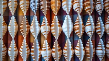 Poster - Colorful seashell curtain decoration creating a unique textured background with intricate details and vibrant patterns in warm tones.