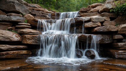 Poster - Serene waterfall cascading over rustic stones in a tranquil natural setting creating a peaceful outdoor ambiance.