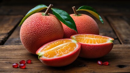 Aufkleber - Vibrant Siam Ruby Pomelo halves and whole fruit on rustic wooden surface with leaves showcasing tropical freshness and natural beauty.
