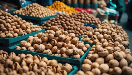 Poster - Market display of shelled walnuts in green crates with a variety of nuts in the background showcasing vibrant market life and local produce.