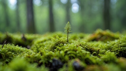 Aufkleber - Lush Green Moss Sprouting in Forest Floor with Soft Focus and Natural Light Creating a Peaceful and Serene Atmosphere