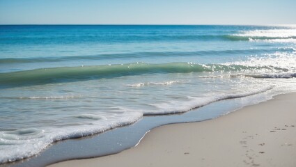 Wall Mural - Gentle Waves Lapping On Tranquil Beach With Clear Blue Water And Soft Sand Under Bright Sky Ideal For Relaxation Themes