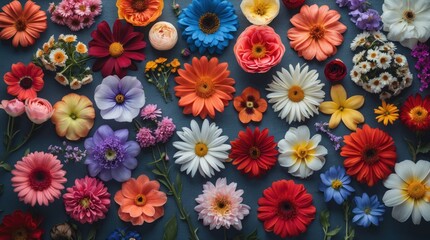 Fototapete - Vibrant assortment of various colorful flowers arranged on a flat surface creating a visually appealing floral background design.