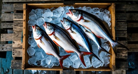Poster - Freshly Caught Marine Fish Displayed in a Wooden Crate on Crushed Ice Top View Rustic Presentation for Culinary Use
