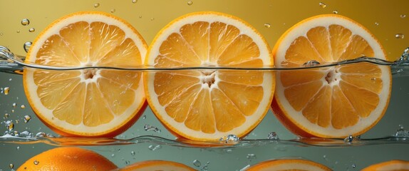 Aufkleber - Fresh Orange Slices Floating in Water Against a Bright Yellow Background for a Refreshing and Vibrant Food Presentation