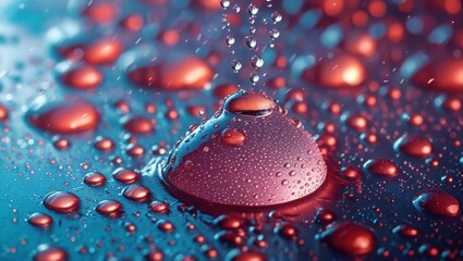 Poster - Close-up of colorful water droplets creating textures on a reflective glass surface in vivid lighting creating an abstract background.