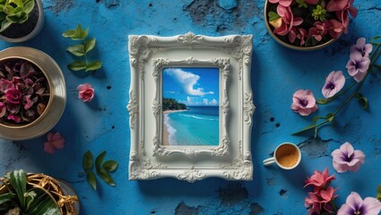 Poster - Elegant vintage white picture frame mockup on vibrant blue cement background with decorative plants and flowers for creative display.