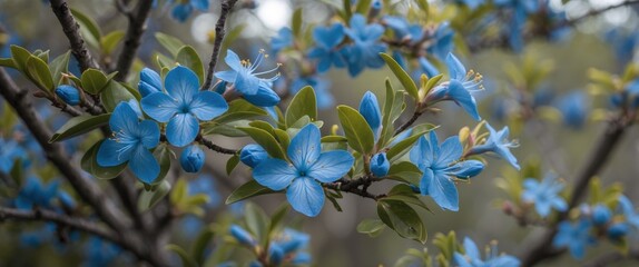 Poster - Vibrant Blue Tropical Flowers Blooming on Lush Green Bush Branches in a Natural Setting