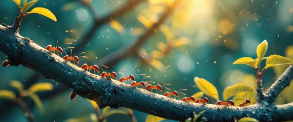 Aufkleber - Ants Crawling on Tree Branches with Sunlight Beautifully Illuminating the Scene in a Natural Environment