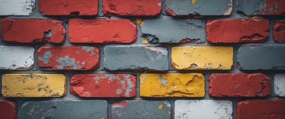 Poster - Colorful worn brick wall texture in red, grey, yellow and white with a grunge finish ideal for backgrounds and design projects.