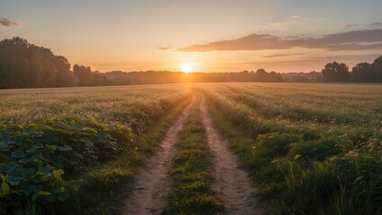 Poster - Morning sun rising over a tranquil walking path through a field surrounded by lush greenery and vibrant nature.