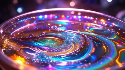Poster - Abstract liquid patterns with colorful reflections of oil and water creating mesmerizing textures and light effects in a shallow dish.