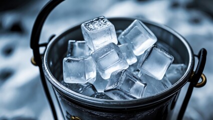 Aufkleber - Close-up shot of crystal clear ice cubes in a metallic bucket with selective focus and cool tones, ideal for refreshing beverage themes.