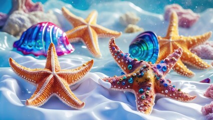 Poster - Vibrant Watercolor Starfish and Shiny Shells Illustrating Underwater Life on a Soft White Background in a Hand-Painted Style