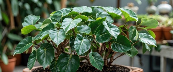 Poster - Ficus plant with lush green heart-shaped leaves in a natural indoor setting showcasing vibrant foliage and healthy growth.