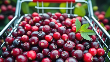 Aufkleber - Shopping trolley filled with fresh ripe cranberries showcasing vibrant colors and healthy eating options in a natural setting.