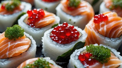 Poster - Delicious sushi rolls topped with fresh salmon, vibrant red caviar, and krill elegantly arranged for a mouthwatering close-up display.