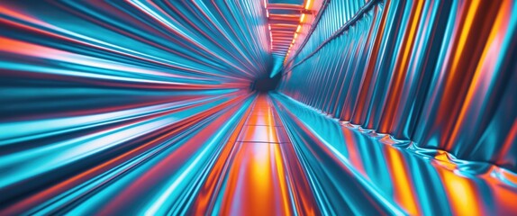 Poster - Abstract view of vibrant corrugated metal surface with reflections creating a futuristic tunnel effect in blue and orange hues