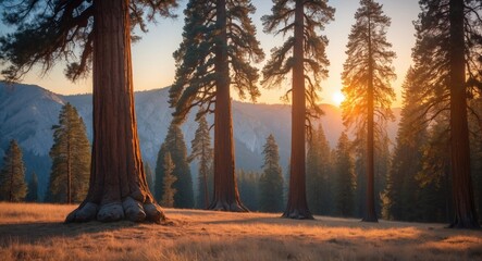 Aufkleber - Majestic Sequoia Trees Bathed in Warm Morning Light in Serene Wilderness Landscape