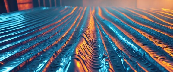Poster - Textured corrugated metal surface with blue and orange lighting highlighting the waves and reflections in industrial background