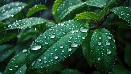 Poster - Raindrops glistening on lush green leaves in a serene natural setting during the rainy season showcasing nature's beauty and freshness.