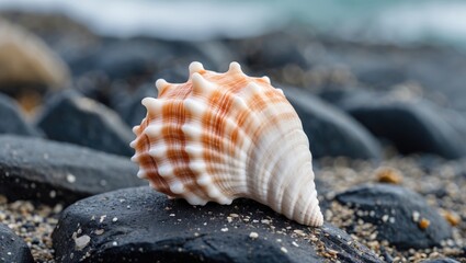 Aufkleber - Beautiful Seashell resting on a rocky beach surrounded by pebbles and sand with gentle waves in the background creating a serene atmosphere.