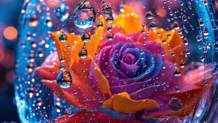 Poster - Colorful rose encased in droplets on glass creating a vibrant and artistic nature background with soft bokeh effects