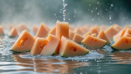 Aufkleber - Refreshing Sliced Cantaloupe Pieces Floating in Water with Misty Background and Ample Space for Text Overlay