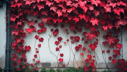 Poster - Vibrant red ivy leaves climbing a rustic wall creating a stunning natural backdrop in a tranquil outdoor setting