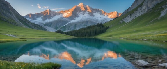 Poster - Serene Alpine Lake in Valley Surrounded by Majestic Mountains Reflecting in Water with Clear Sky and Lush Green Landscape for Text Space