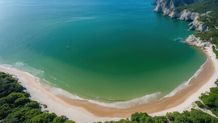 Wall Mural - Aerial View of Tranquil Green Ocean and Sandy Beach with Lush Surroundings Ideal for Text Overlay and Design Projects