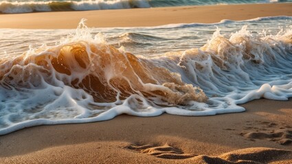 Wall Mural - Golden waves crashing on sandy beach creating a serene coastal background with foamy textures and tranquil ocean atmosphere.