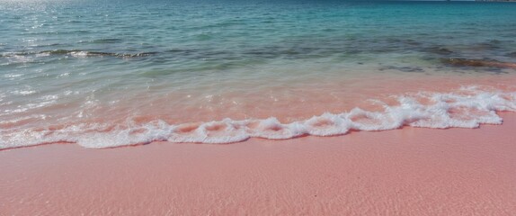 Aufkleber - Serene Pink Sand Beach with Clear Shallow Waters Ideal for Text Overlay and Vacation Imagery