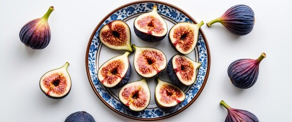 Aufkleber - Sliced fresh figs arranged on a decorative plate with whole figs on a white background showcasing vibrant colors and textures.