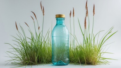 Poster - Transparent bottle surrounded by green grass on a bright white background showcasing eco-friendly lifestyle and hydration concepts.
