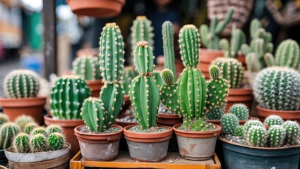 Poster - Vibrant Variety of Potted Cacti at Market Featuring Empty Space for Text Promotional Use