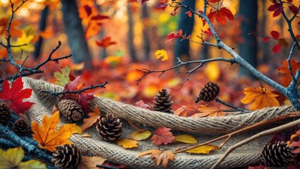 Poster - Autumn still life with jute fabric, vibrant leaves, pine cones, and branches creating a warm seasonal atmosphere in a forest setting.