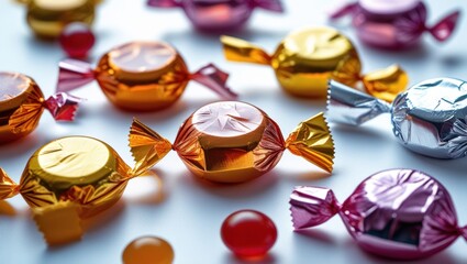 Poster - Colorful assortment of shiny wrapped candies scattered on a white background showcasing various shapes and flavors for festive celebrations.
