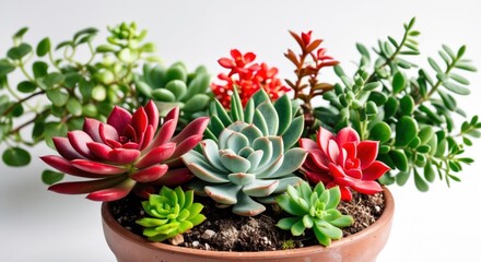 Poster - Vibrant Arrangement of Diverse Red and Green Succulent Flowering Houseplants in a Terracotta Pot Set Against a Clean White Background