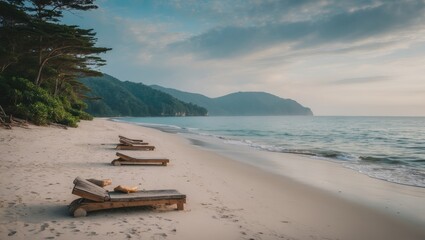 Aufkleber - Tranquil Secluded Beach with Lounge Chairs and Gentle Waves at Sunrise Surrounded by Lush Greenery and Mountains in the Background