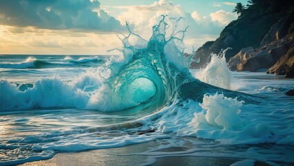 Poster - Majestic Ocean Wave Crashing on Shore at Sunset with Vibrant Colors and Splashes of Water